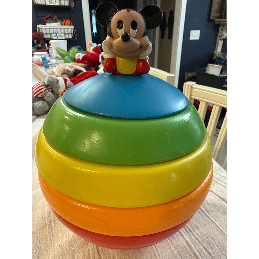 Vintage Disney Mickey Mouse Rainbow Stacking Ring Toy Plastic Retro Decor
